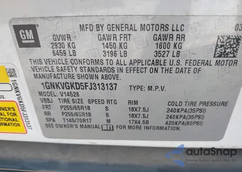 2015 Chevrolet Traverse 1Lt from USA, damaged, VIN 1GNKVGKD5FJ313137